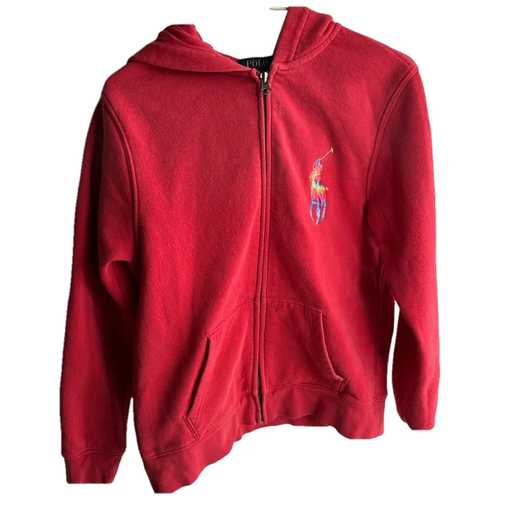 Polo Ralph Lauren size Large 14/16 Poppy colored with rainbow emblem hoodie